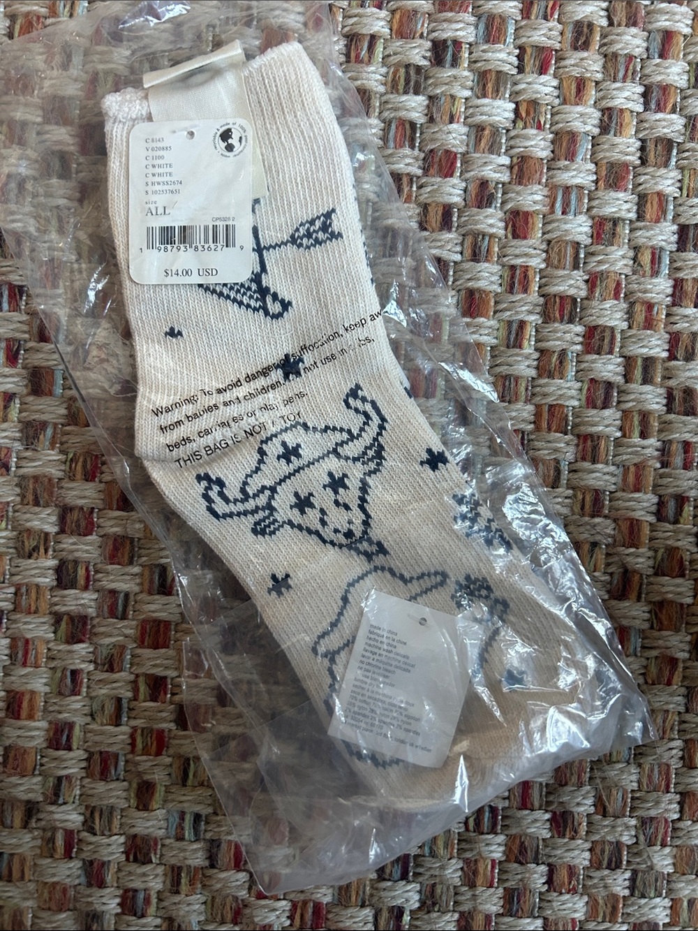 Free People White Crew Socks with Navy Bull Skull Motif
